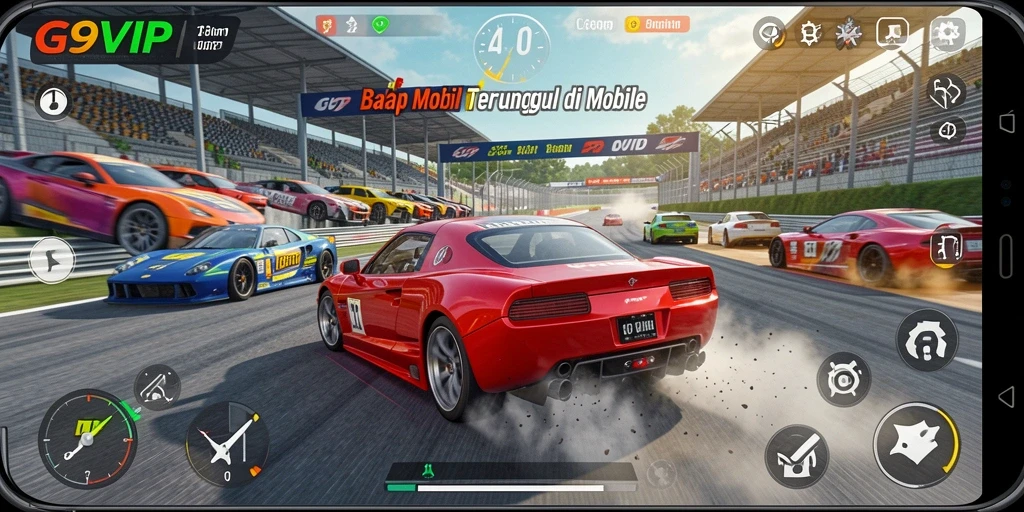 Tangkapan layar G9VIP menampilkan aksi balap mobil yang mendebarkan.