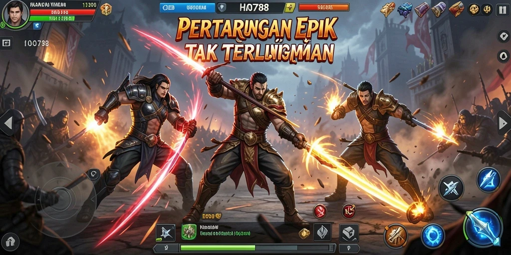 Tampilan utama HAO788 menampilkan aksi pertarungan seru antara karakter-karakter kuat.