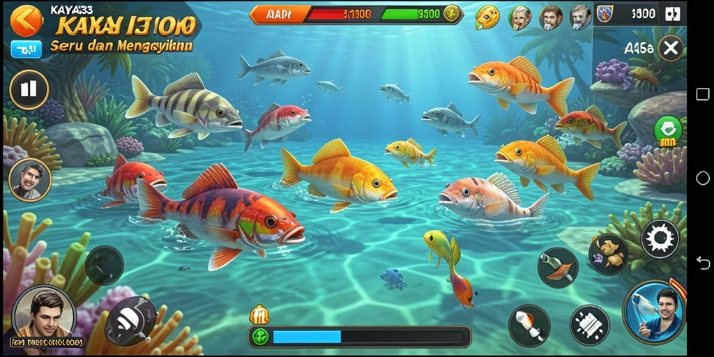Tangkapan layar gameplay KAYA33 dengan berbagai ikan berwarna-warni.