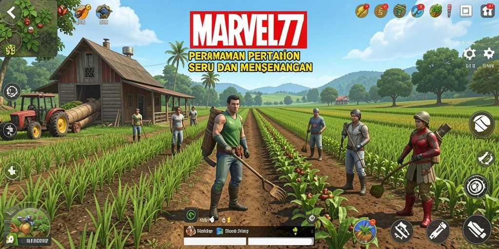 Screenshot utama gameplay <strong>MARVEL77</strong> menampilkan aktivitas bertani yang seru dan interaktif.