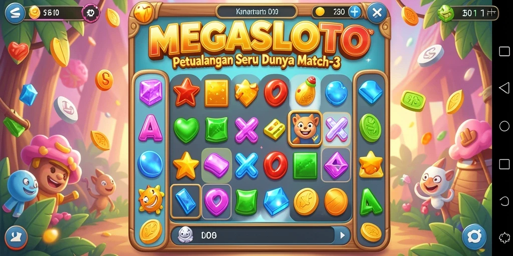 Tampilan gameplay seru MEGASLOTO dalam aksi Match-3.