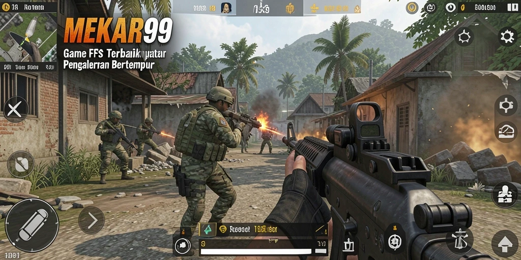 Screenshot utama MEKAR99 menunjukkan aksi tembak-menembak yang seru.