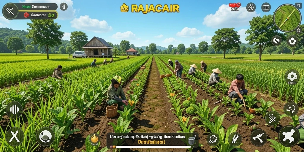 Tampilan gameplay RAJACAIR dengan ladang yang subur dan tanaman yang segar.