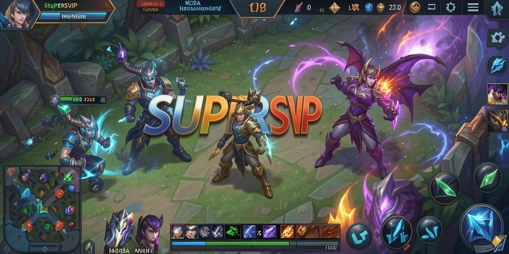 Tampilan seru gameplay SUPERSVIP dalam pertempuran MOBA.