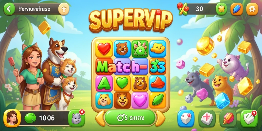 Screenshot SUPERVIP menampilkan gameplay seru dan kombinasi elemen Match-3.