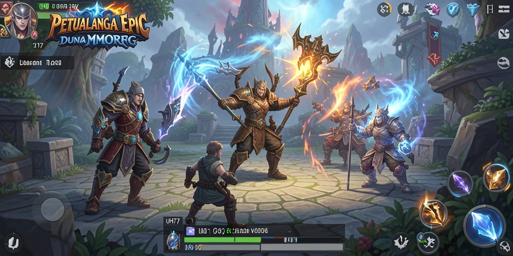 Tangkapan layar utama UH77 menampilkan momen seru dalam pertarungan MMORPG.