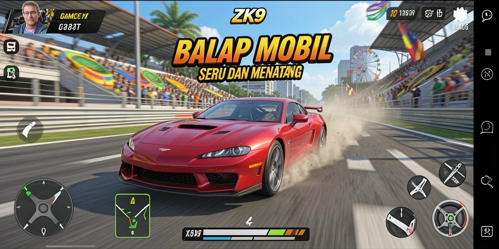 Screenshot gameplay <strong>ZK9</strong> yang menunjukkan mobil dalam balapan di lintasan menarik.